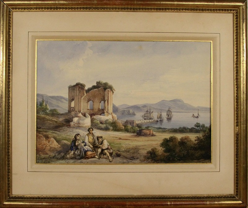Original Consalvo Carelli (Italian 1818-1910) Napoli Watercolor Painting Signed