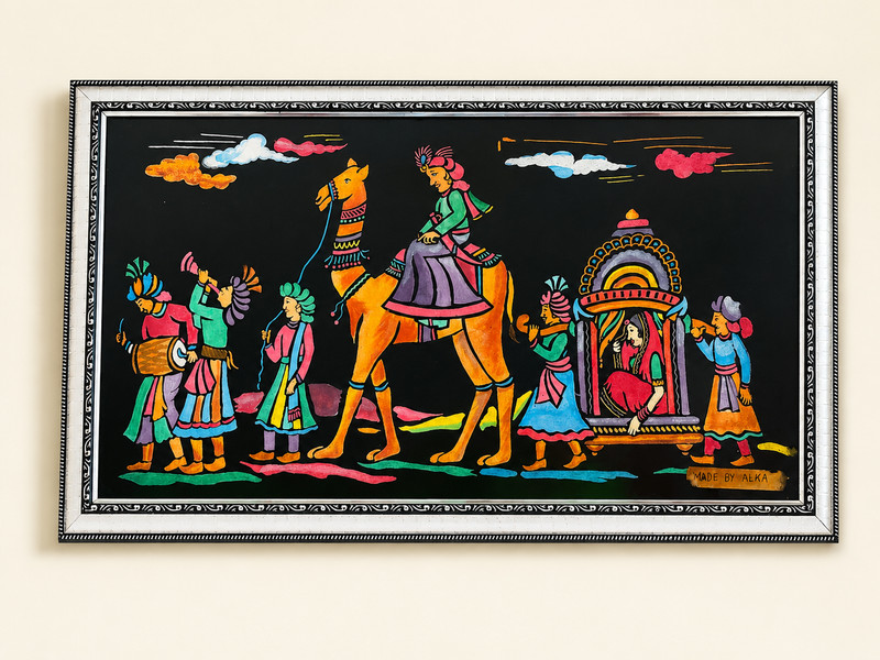 Handmade Original Acrylic Sand Painting on Cloth Glass Framed Folk Art WallDecor