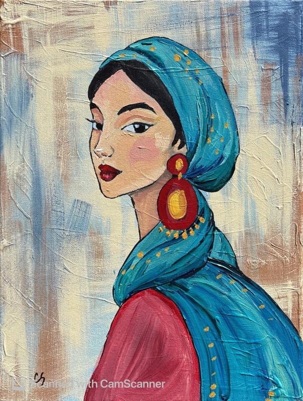 Boho Woman with Teal Scarf Original Acrylic Painting 11×14 Signed Canvas Art