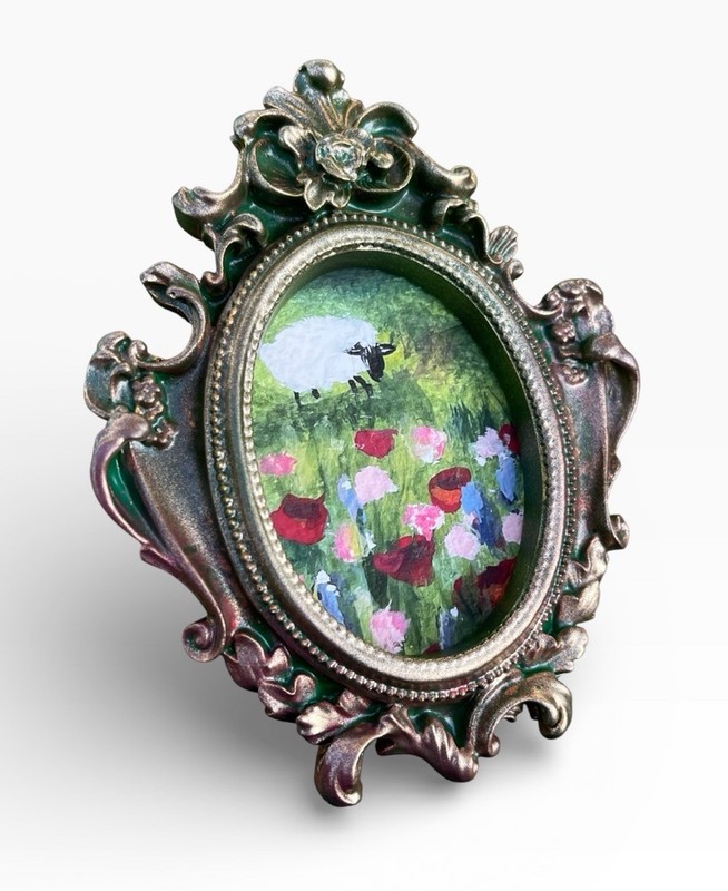 Sheep floral meadow landscape Giclee fine art print in mini vintage style frame gallery
