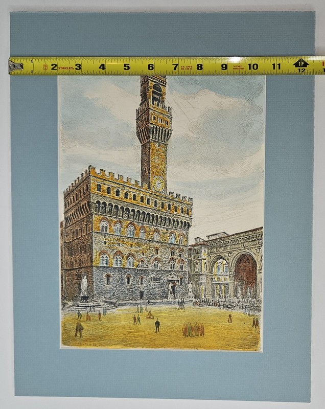 Antique by Bela Sziklay Hand-Colored Etching of Palazzo Vecchio Signed & Matted gallery