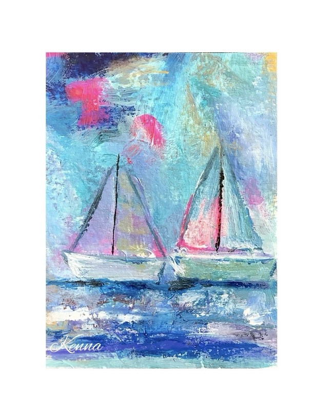 Aceo By Kenna Acrylic Painting Seascape Boats On Water Original 2.5” X 3.5”