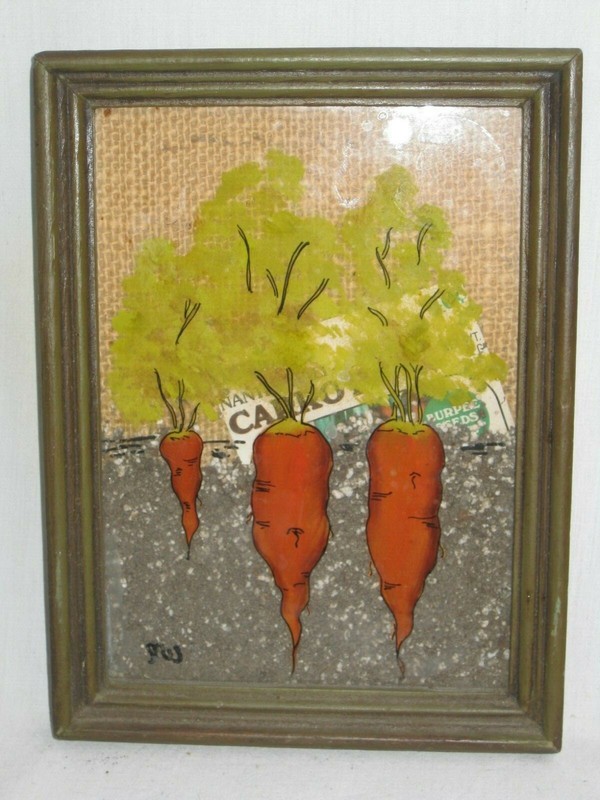 unique reverse glass painting carrots w/ garden soil gardening collage art decor gallery