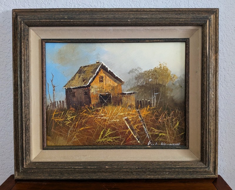 Karl Neumann Originial Oil on Canvas, Barn with Fence in Fall, 12″ x 16″ Canvas