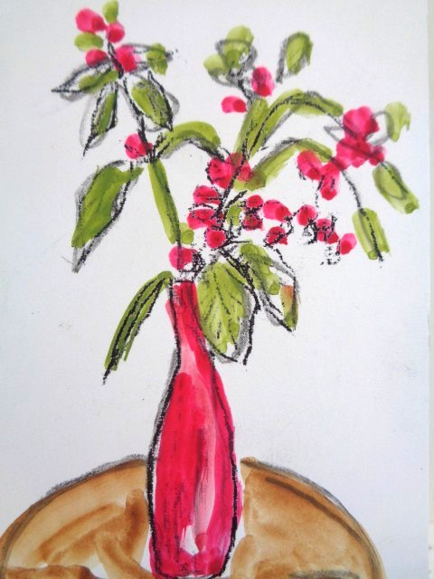 ACEO Red FLOWERS VASE Still Life Painting COLLECTIBLE ART