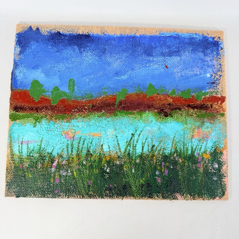 Original Art Painting Landscape Blue Lagoon Acrylic Colorful Burlap Borad 8×10″B