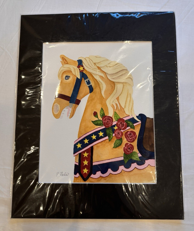 Original watercolor painting of Palomino Carousel Horse, signed, matted, 11 x 14