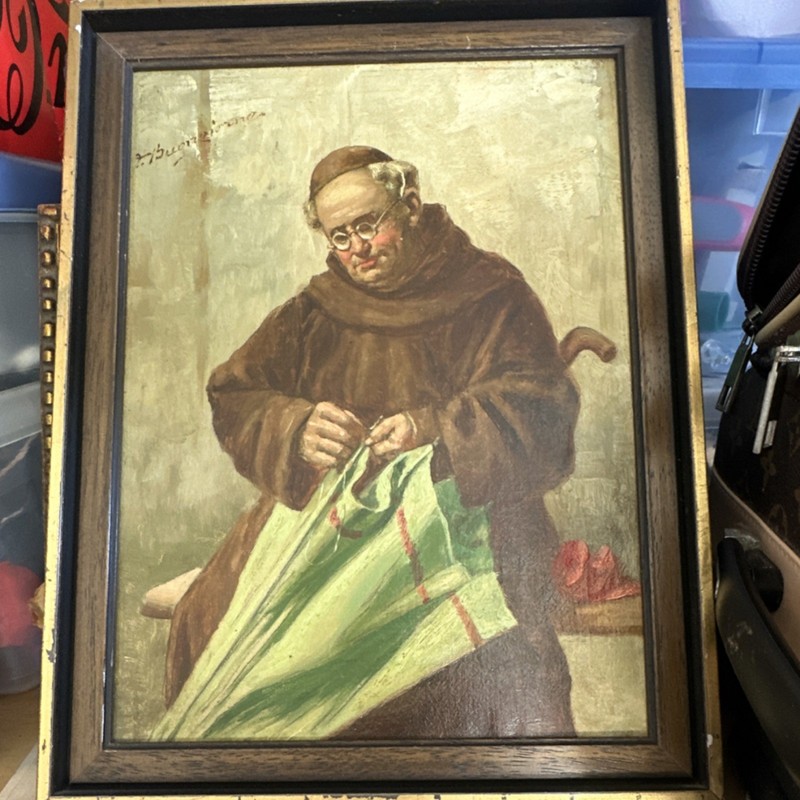 H. Schaffer Framed Oil Painting on Canvas Religious Monk Portrait Realism Signed