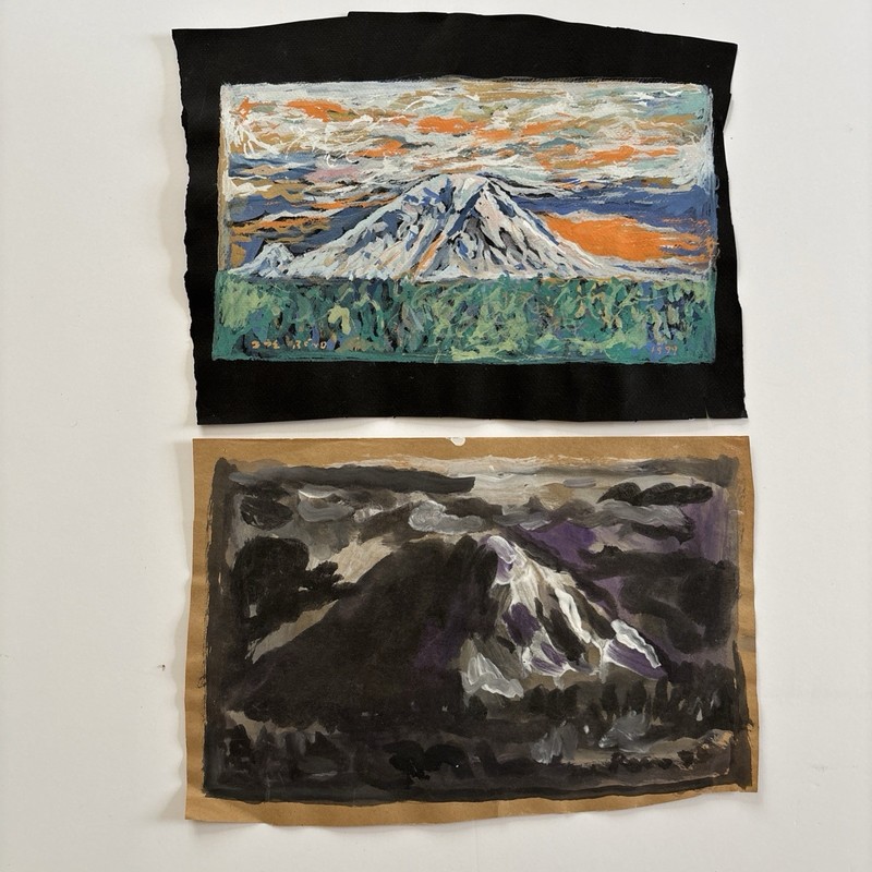 Two 1999 Joe Reno paintings of Mount Rainier on paper
