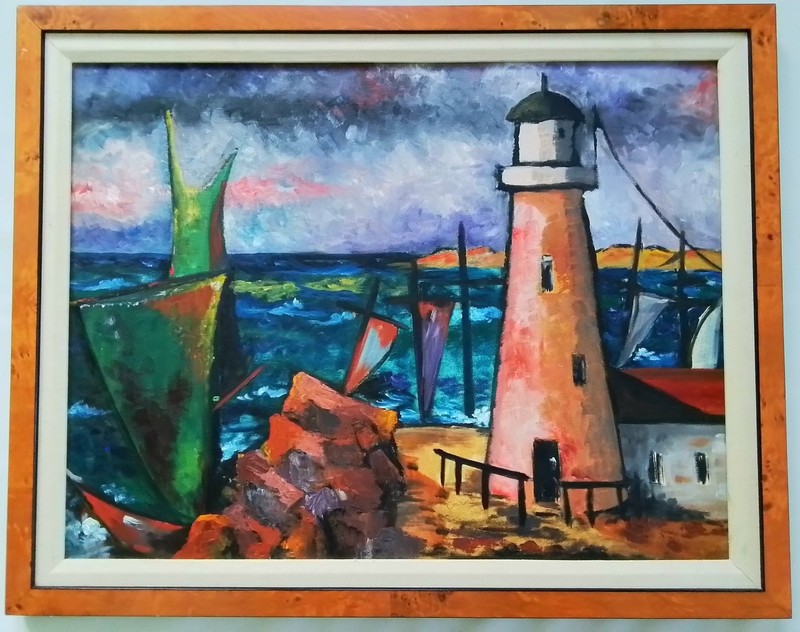 VINTAGE MODERNIST LIGHTHOUSE PAINTING~AFTER MARSDEN HARTLEY-LOOK !