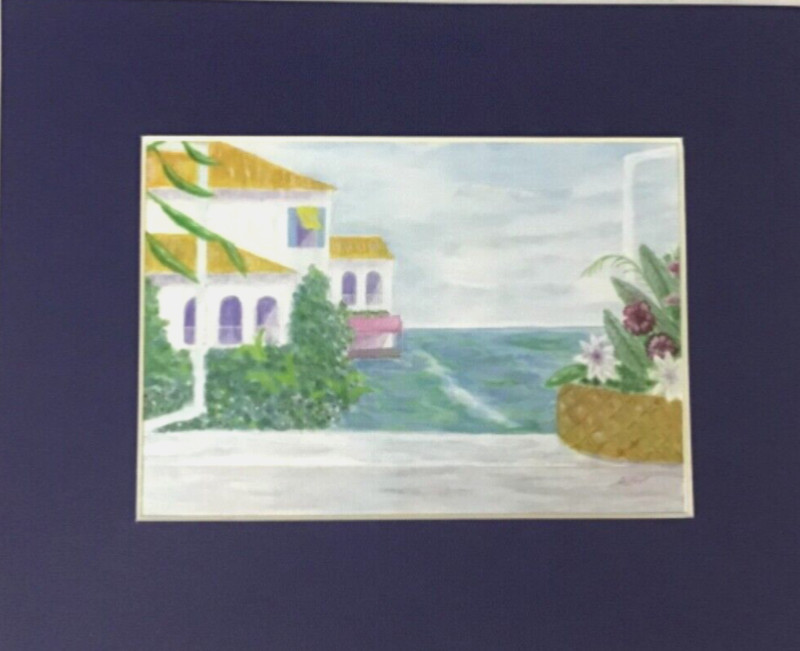 Original Art Watercolor Painting Window Scene Ocean4.5X6 Navy Matt 8 X 10 Signed