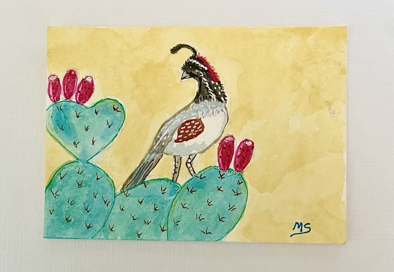 Quail ACEO Original Painting Bird Art, Wildlife Bird Quail On Cactus Art