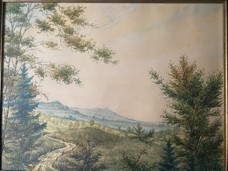 Aquarell Hilly Landscape Autumn Pine Trees Meadows Golden Hour gallery