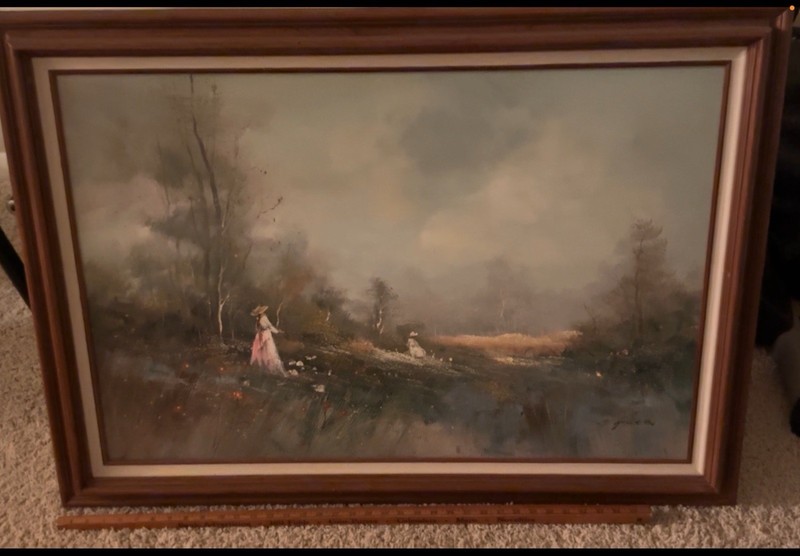 S. Hudson Framed Signed Impressionist Canvas Landscape Painting Women Trees