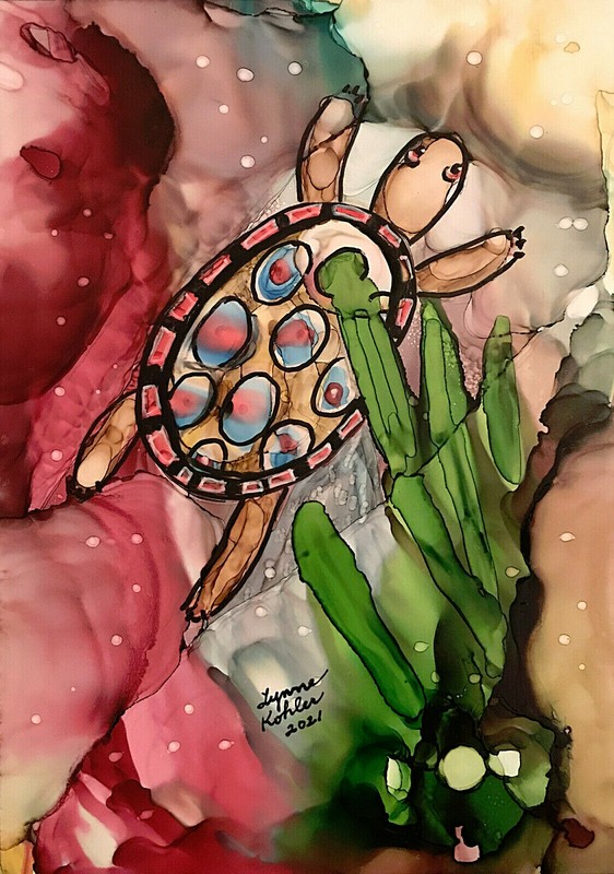 Original painting 5×7″ Sea Turtle ocean by Lynne Kohler