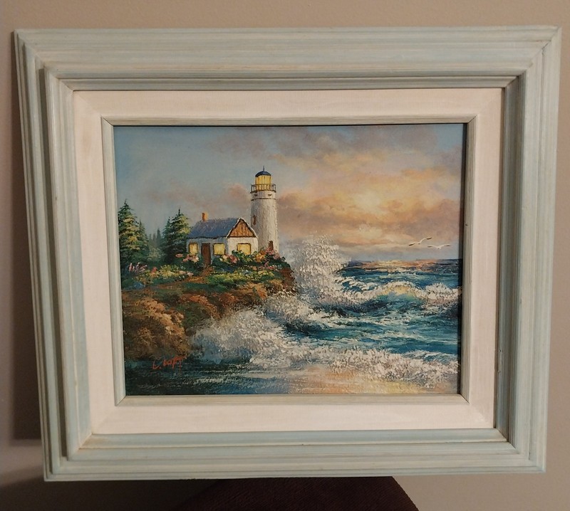 Vintage Oil on Board C. Loft Lighthouse Seascape Ocean Waves Original Painting