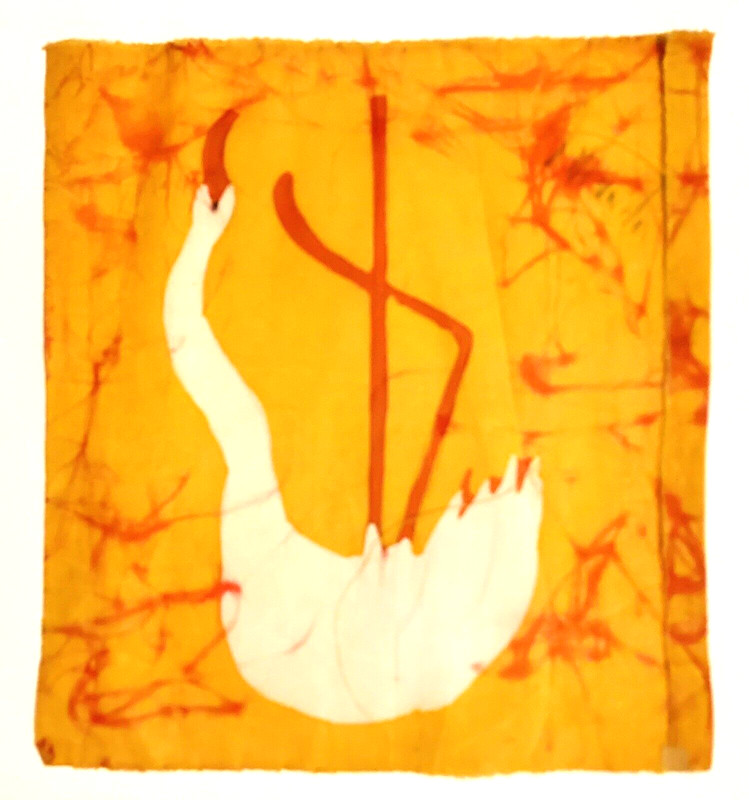Rare J. Mango Signed Painted White Flamingo Tapestry Retro Yellow Abstract Art gallery
