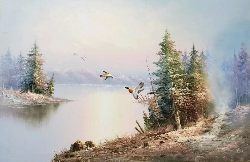 Oil on Canvas Flying Ducks by the Lake by the Forest. Unsigned