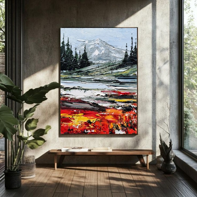 Mount Rainier Original Oil Painting on Canvas Pine Trees Wall Art Wildflower Art