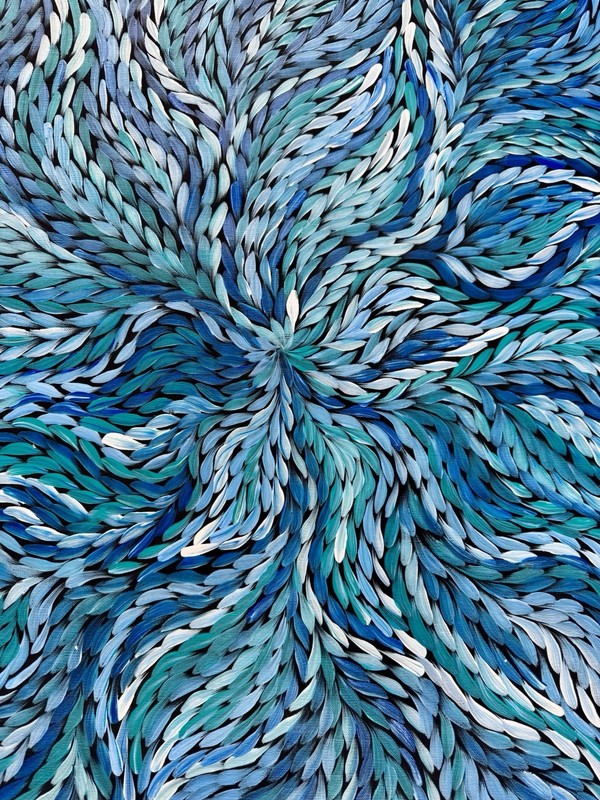 Rosemary Petyarre .Authentic Aboriginal Art. Bush yam flower, Size; 150 x 100cm gallery