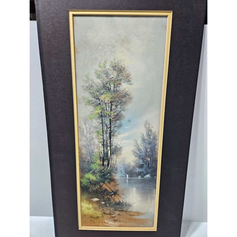 Vtg Original Landscape Hand Painted On Board Lake Forest Nature Wall Art Signed gallery