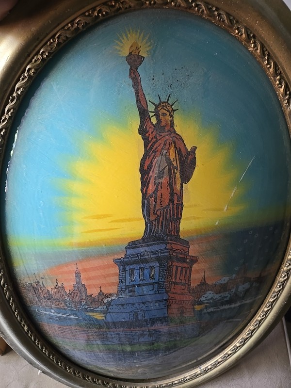 Statue of Liberty Antique USA Art Deco Glass Painting Gold Gesso Gilt Wood Frame gallery