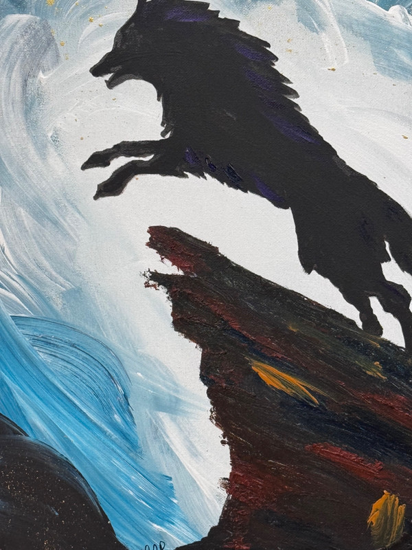 Original Hand Painted 16x20 Wolf Jumping Cliff Acrylic Art Painting Signed MCR gallery