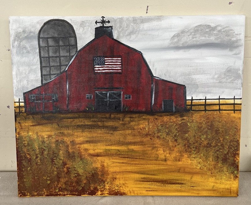 Hand Painted Red Barn American Flag Silo Countryside Painting 19.5″ x 15.5″