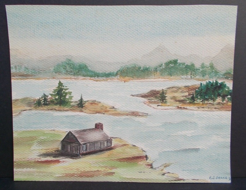 Vintage Watercolor Painting Lakeside Cabin E J Drake 1950s Landscape