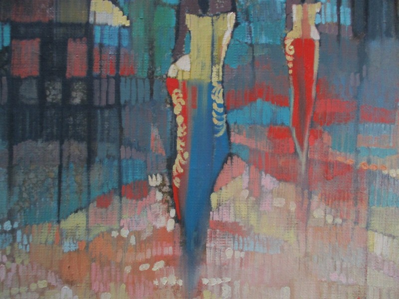 VINTAGE ASIAN PAINTING CHINESE THAI? MYSTERY ARTIST POINTILLIST EXPRESSIONIST gallery