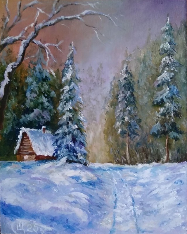 Painting «Forester’s House». Cardboard, oil. 8×10 inc. Handmade. 2025. Unframed