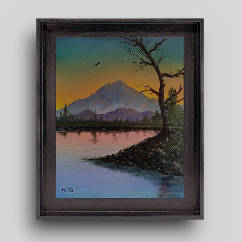 JOHN ART STUDIO Mountain Lake Sundown 14×11 Original Expressionism Art 0009