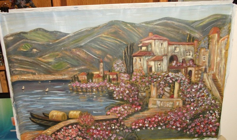 HUGE OIL ON CANVAS CASTLE SEAPORT MOUNTIAN SCENE LANDSCAPE PAINTING