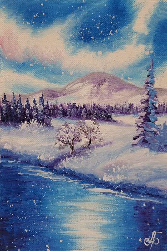 Winter Snowfall Landscape Lake Mountains Blue Violet Wall Art Original Painting gallery