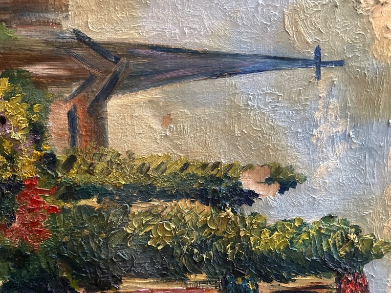 PRIMITIVE STYLE VINTAGE ANTIQUE OIL PAINTING EUROPEAN CANAL SCENE SIGNED AS IS gallery