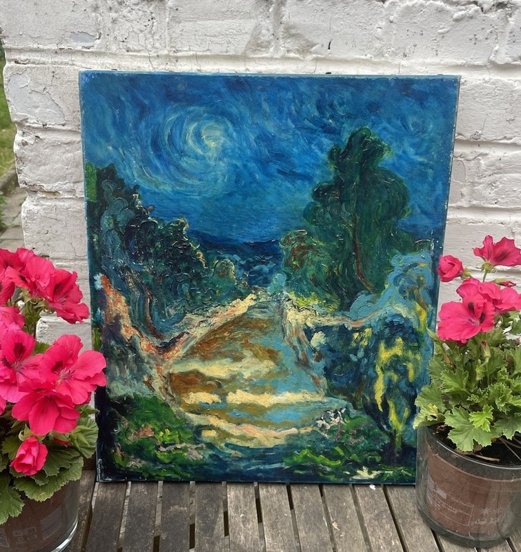 Painting original French Flemish postmodern Blue Night Path Art OOAK Nappi