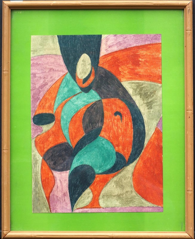 Abstract painting framed original watercolor artwork pastel on paper unsigned