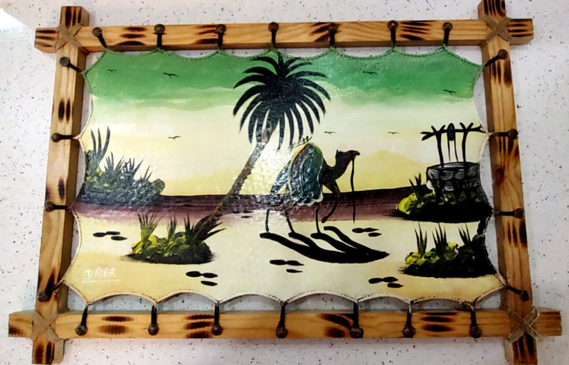 Camel Oasis Desert Oil Painting on Stretched Leather HIde Wood Frame 19"x28"