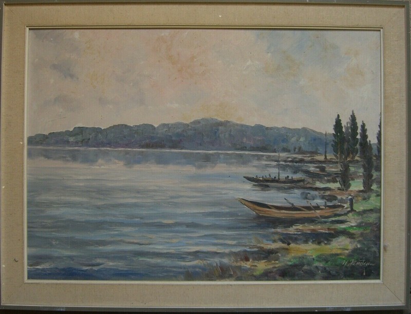 Unclearly Signed Shore Boats Lake Fishermen Mountains Hills Sunset Antique