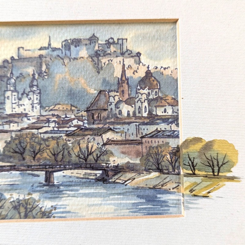Original Watercolor Ink Sketch, Salzburg Austria, Hohensalzburg Fortress, Signed gallery