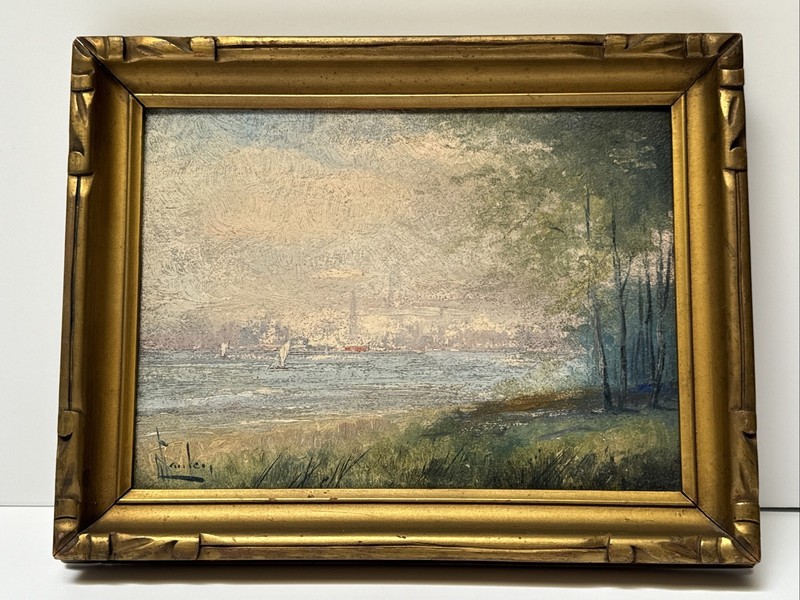 ANTIQUE AMERICAN IMPRESSIONIST PAINTING COAST BEACH CITY VIEW SIGNED MYSTERY OIL