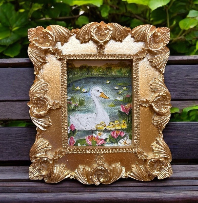 Mama Duck with Ducklings watercolor print in gold vintage style ornate frame