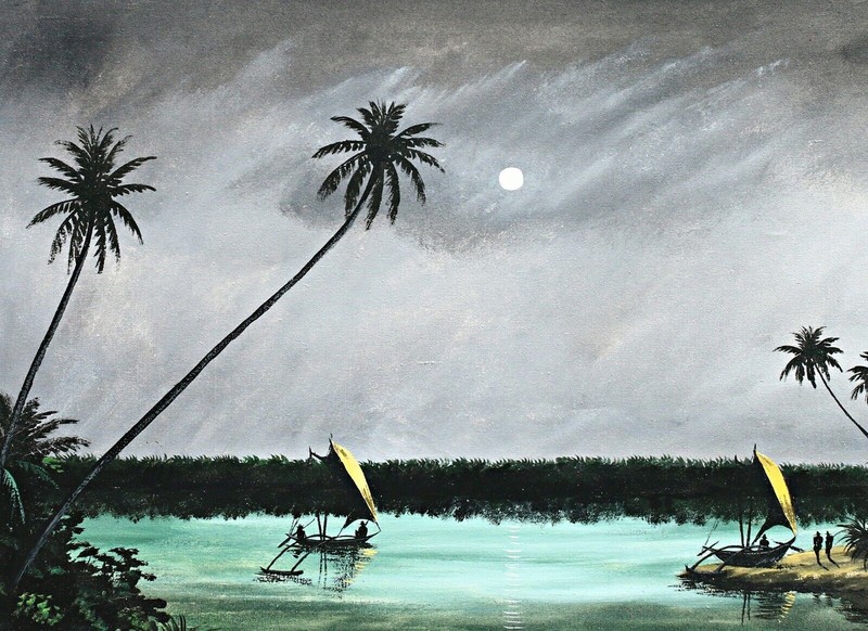 Maritime scene from SRI-LANKA at night, oil on canvas painting, signed Lionel? gallery