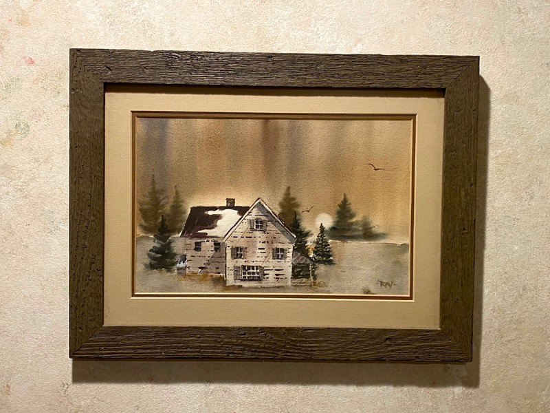Winter Sky VTG MCM signed by artist watercolor, 1950’s, framed 17 1/2″ x 13 1/4