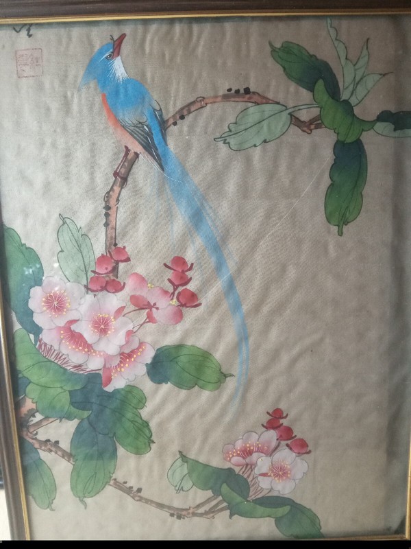 Framed Japanese Original Artwork on Rice Paper-Bird-14" x 10"-Age unknown gallery
