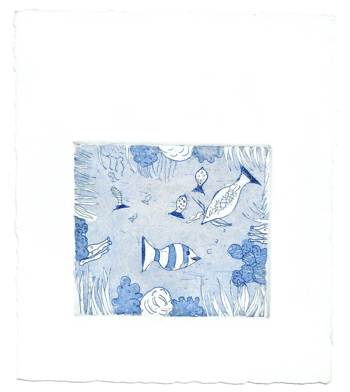 Small Ocean Etching 9×7″ Underwater Fish Tank Coral Scene Signed Miniature 80s
