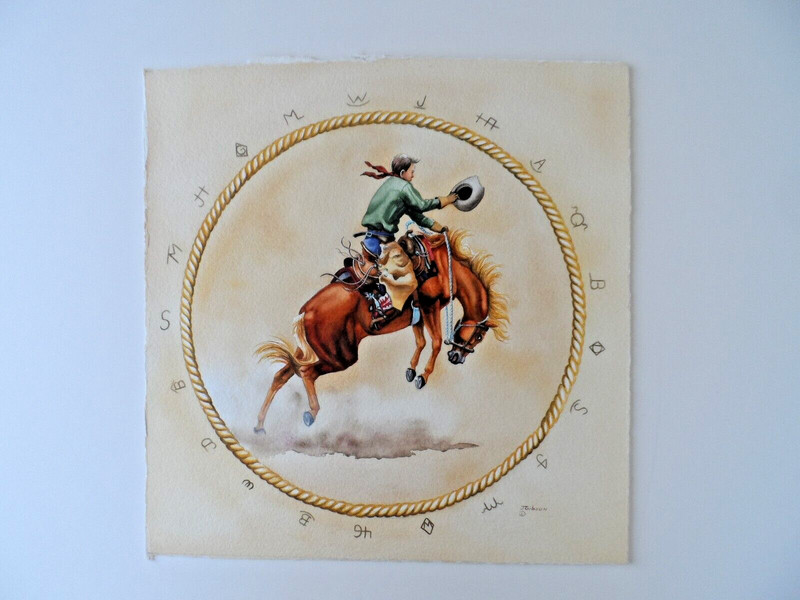 Judy Gibson "Bronco Busting" Original Watercolor 14.5" x 14.5" gallery
