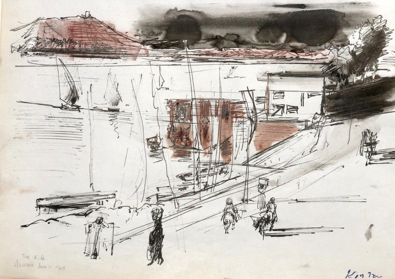 The Nile Aswan- 13 1/2 x 16 1/2 -Watercolor & Ink Painting-1964-Adolf Konrad gallery