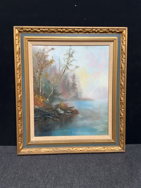 Vintage Lakeside Landscape Vintage Original Painting Oil / Canvas 28X32″