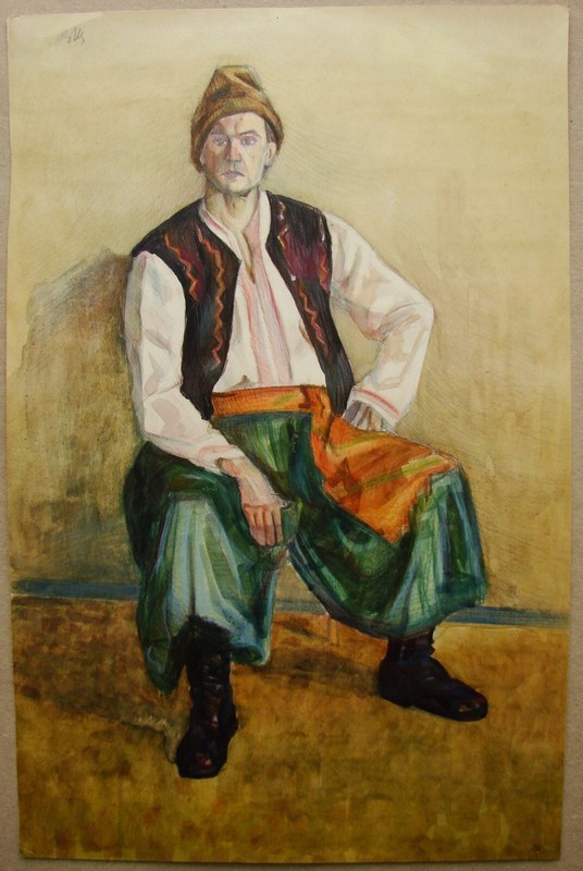Ukrainian Soviet USSR watercolor Painting realism male portrait figure Cossack